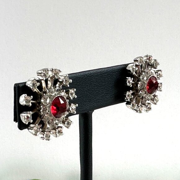Vintage Sterling Clip-On Earrings, 1940s Rhinestone Starburst - Picture 2 of 7